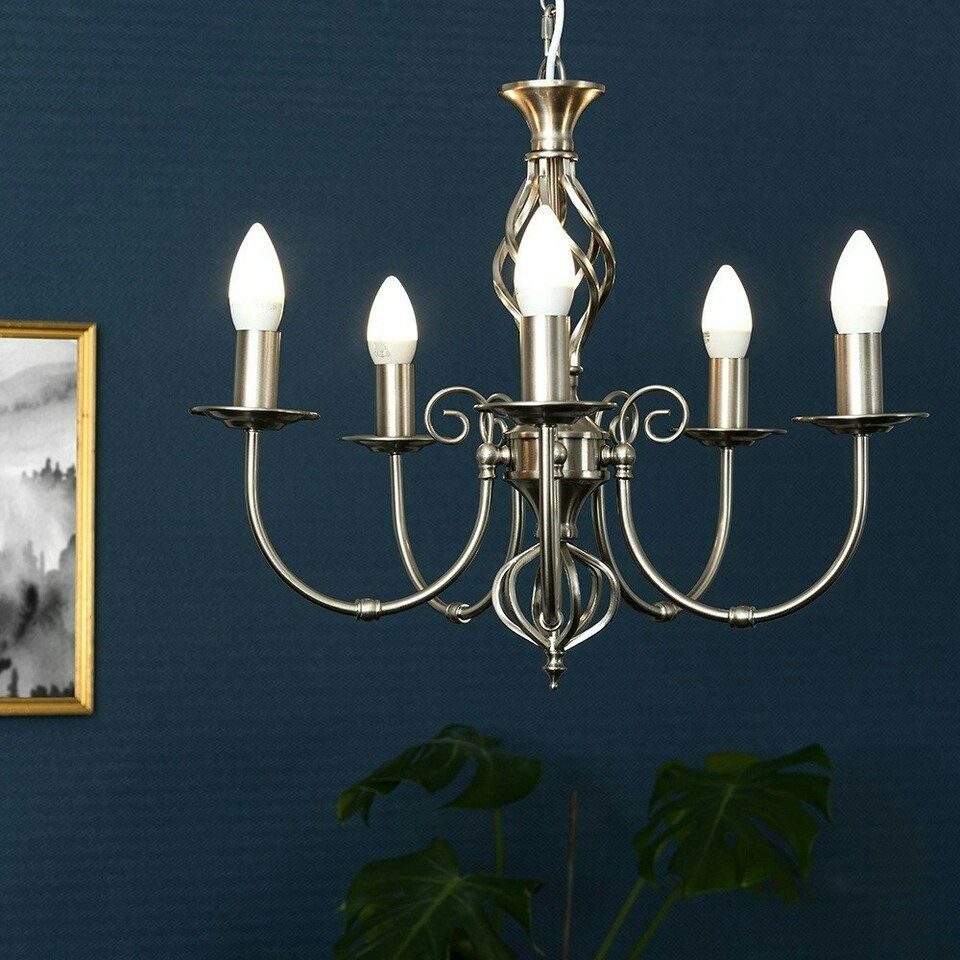 image 1 of ValueLights Traditional Style Satin Nickel Barley Twist 5 Way Ceiling Light Chandelier