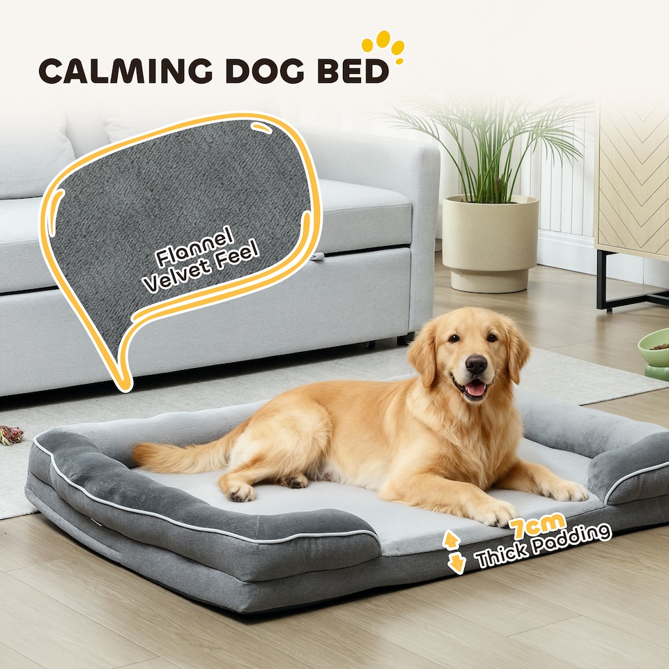 image 1 of PawHut Dog Sofa Bed, Washable Soft Plush Pet Bed with Removable Flannel Cover and Non-Slip Bottom, Anti-Anxiety for Cats, Small, Medium and Large Dogs, 112 x 80 x 16.5 cm, Grey | Grey | L