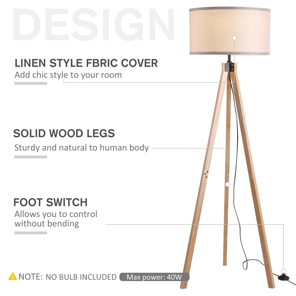image 1 of HOMCOM Floor Lamp with Elegant Wood Tripod, Free Standing E27 Bulb Lamp Versatile Use For Home Office  Beige