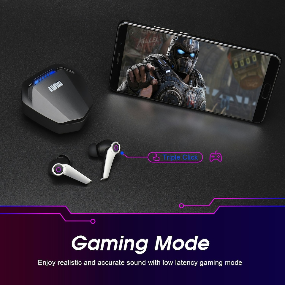 image 1 of Bluetooth Gaming Earphones Dual Microphone with USB-C Charging Case - August EPG500 Black