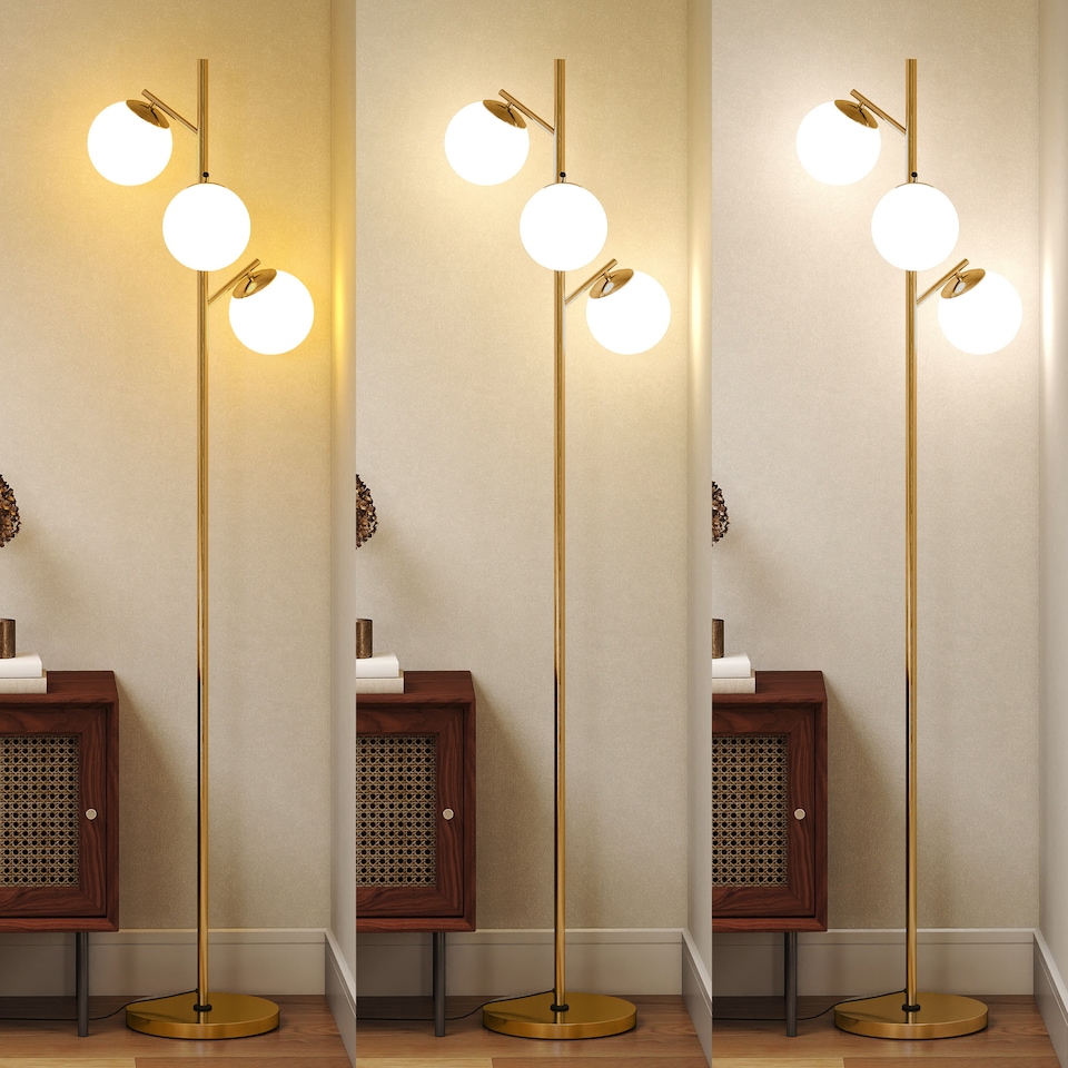 image 1 of HOMCOM 3-Light Tree Floor Lamps for Living Room, Modern Standing Lamp for Bedroom with Globe Lampshade, 3000K/4000K/6000K Colour Temperatures, Steel Base, Gold Tone | Gold