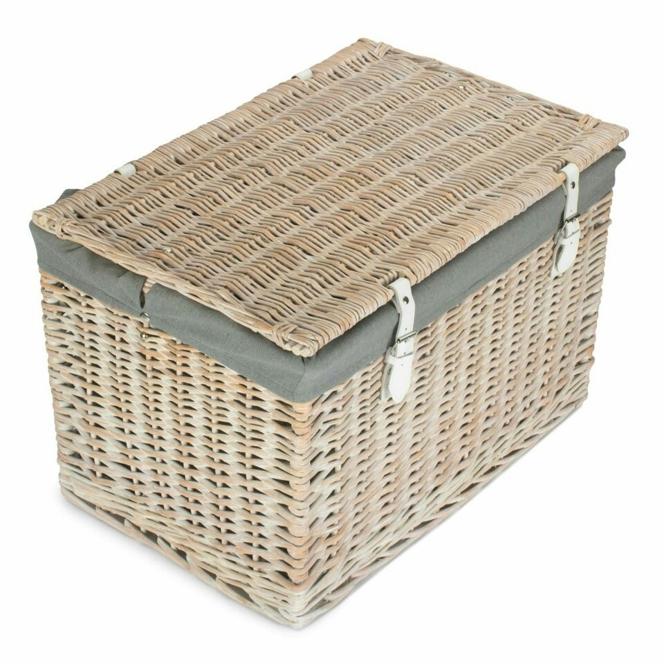 image 1 of 60cm White Wash Chest Wicker Picnic Basket with Cotton Lining Grey | Grey | One Size