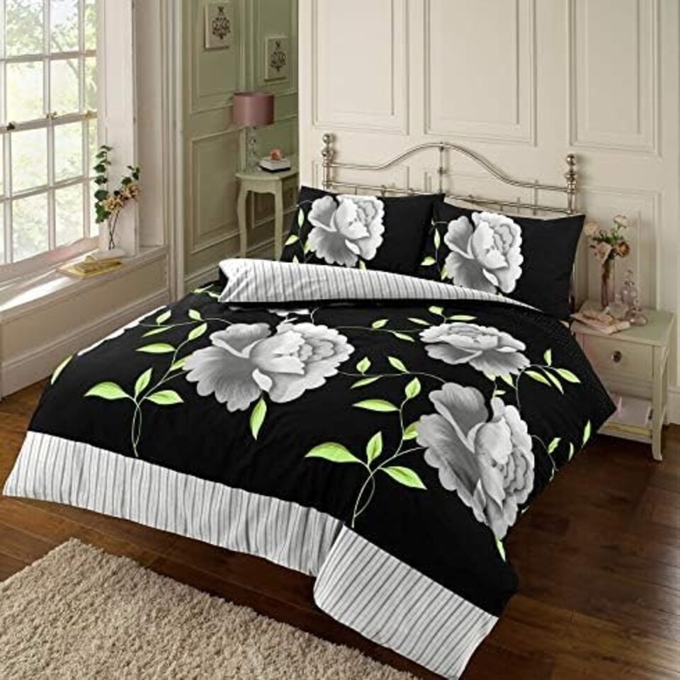 image 1 of Luxury Floral Rosaleen Printed Flowers Easy Care Duvet Cover Set Clear | Black/White | Super King