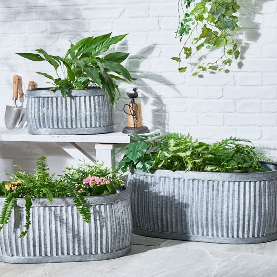 image 1 of Set of 3 Ribbed Metal Tub Planters Grey