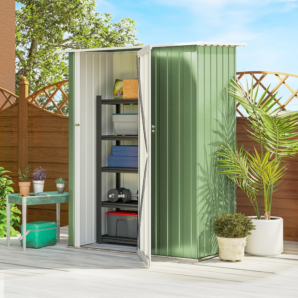 image 1 of Outsunny 5ft x 3ft Garden Storage Shed, Outdoor Metal Shed with Sloped Roof, Lockable Door for Tools, Equipment, Light Green