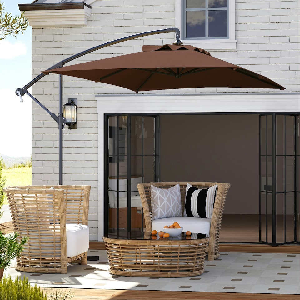 image 1 of Outsunny 3 m Cantilever Parasol with Cross Base, Crank Handle, 6 Ribs, Brown