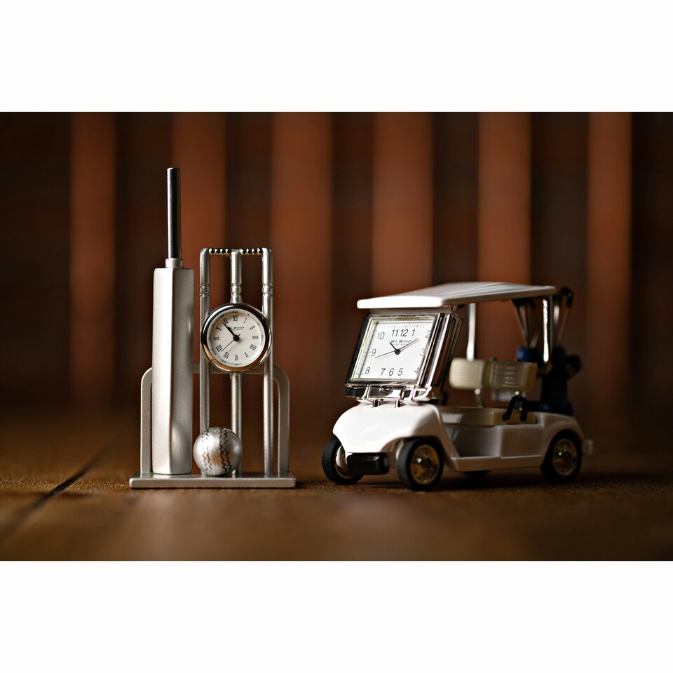 image 1 of Wm.Widdop Miniature Clock Cricket Bat, Ball & Wickets Silver
