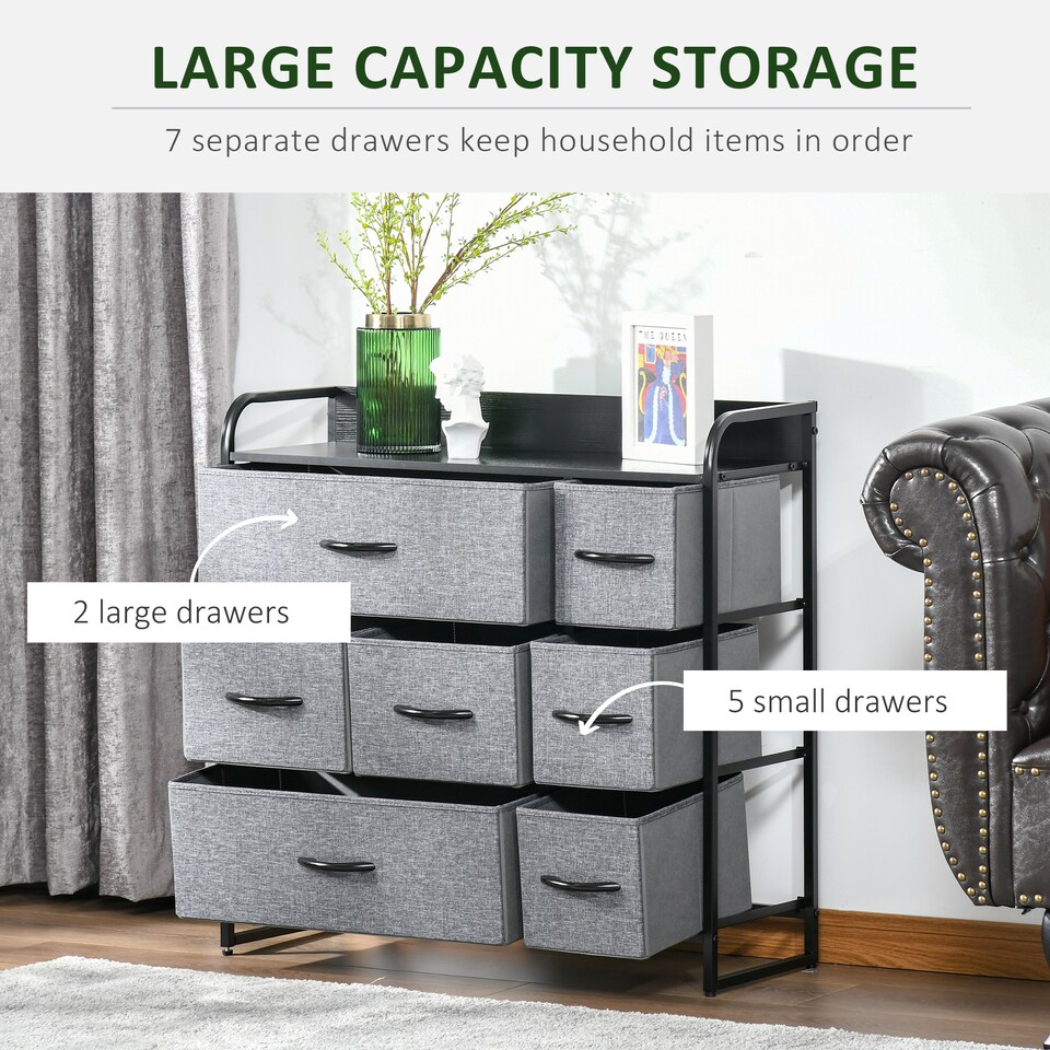 image 1 of HOMCOM Chest of Drawers with 7 Foldable Drawers, 3-Tier Fabric Bedroom Dresser, Clothes Storage Unit for Bedroom, Living Room, Grey | Grey | Grey