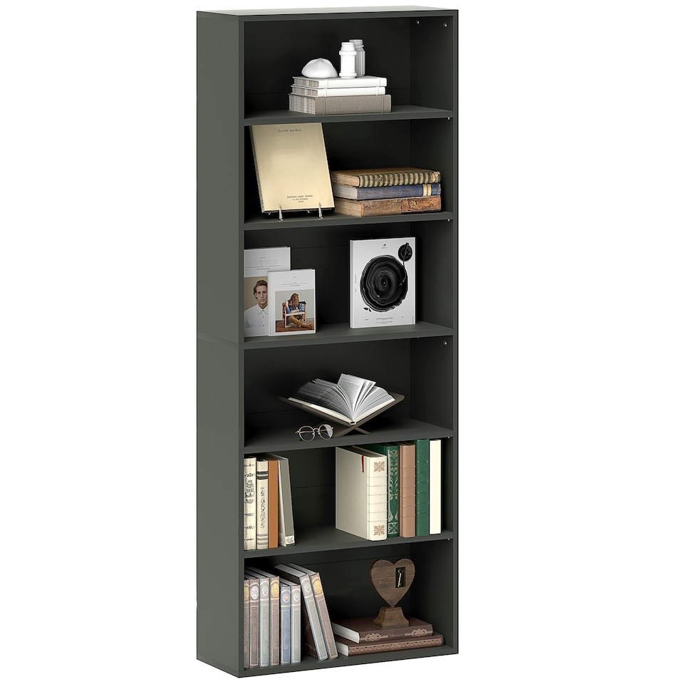 image 1 of HOMCOM 6 Tier Bookshelf, Freestanding Bookcase with Adjustable Shelves, Black