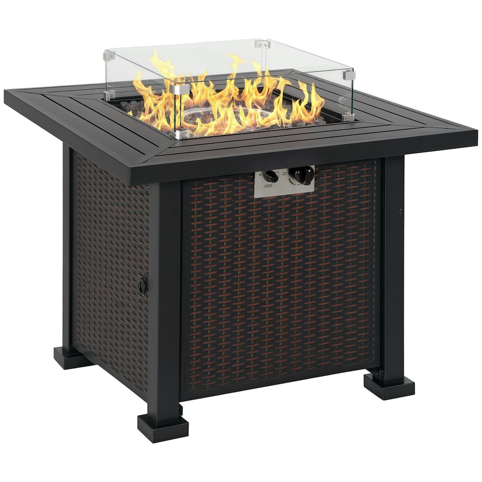 image 1 of Outsunny Outdoor Propane Fire Pit Table w/ Wind Screen & Glass Beads, Black