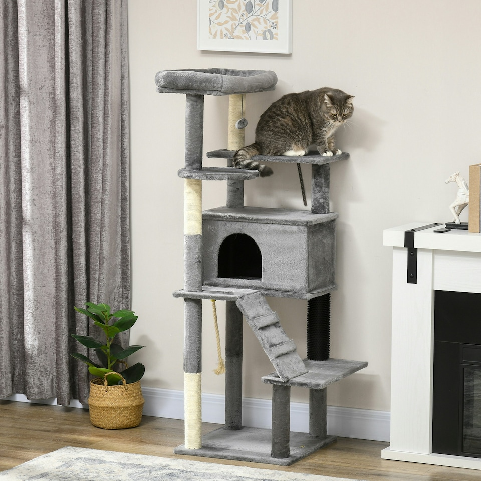 image 1 of PawHut Cat Tree with Scratching Post House Bed Toy for 2 Cats, 148cm, Grey