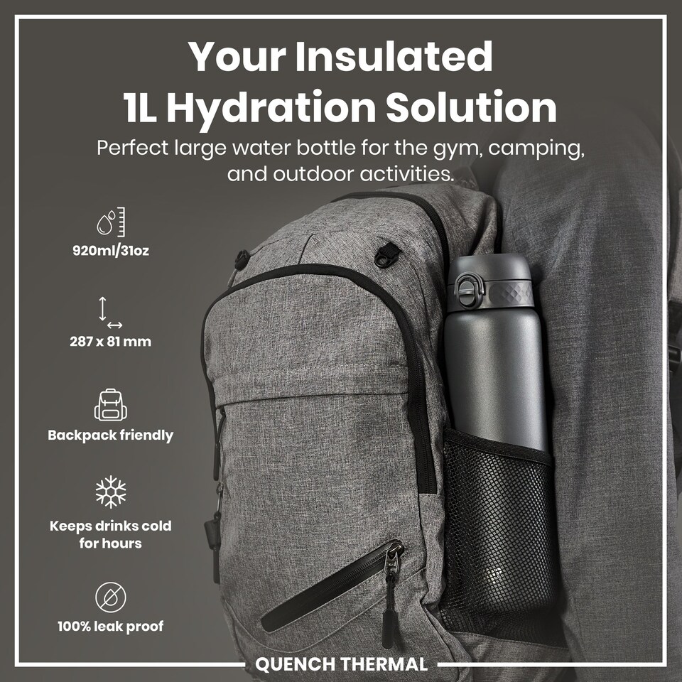 image 1 of Leak Proof 1 Litre Water Bottle, Vacuum Insulated, 920ml (30oz) | Grey | Grey | One Size