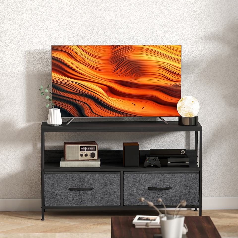 image 1 of HOMCOM TV Stand Cabinet up to 47-inch, TV Unit with 2 Foldable Linen Drawers, Open Shelf for Living Room, Bedroom, Entertainment Room, Black | Black | 1