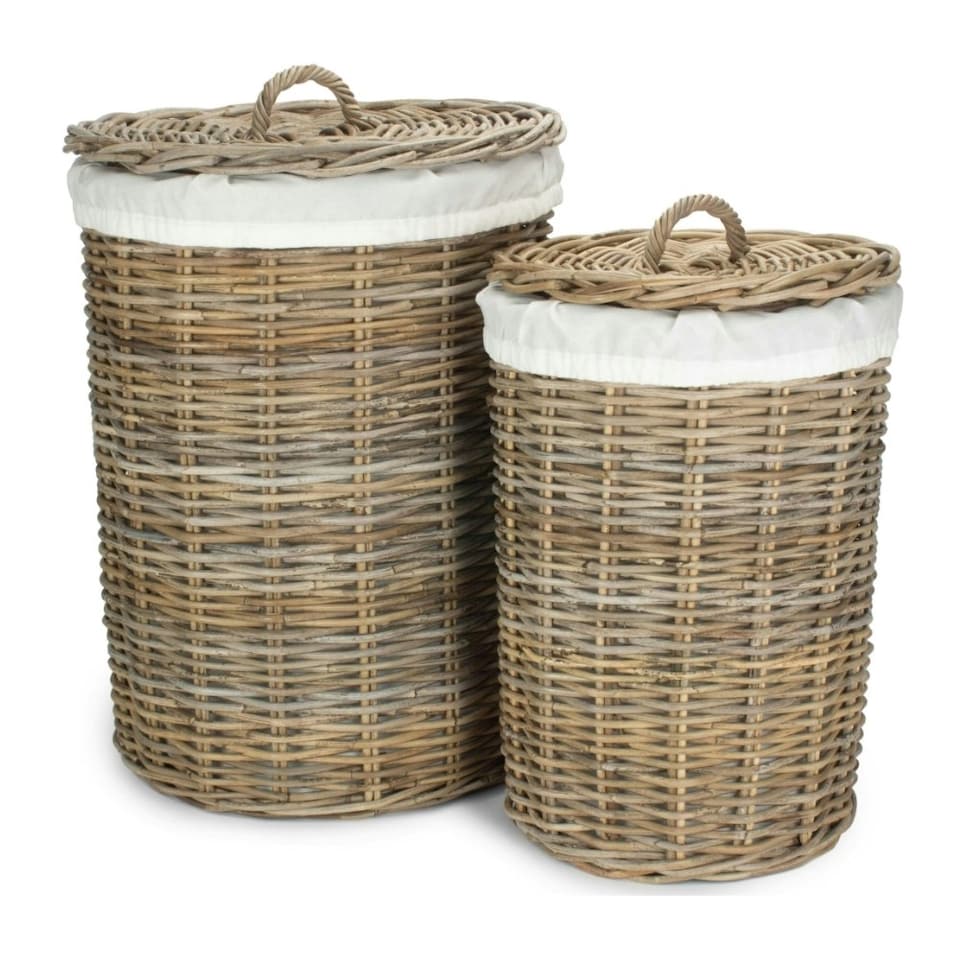 image 1 of Set of 2 Round Rattan Laundry Basket with White Lining White | White