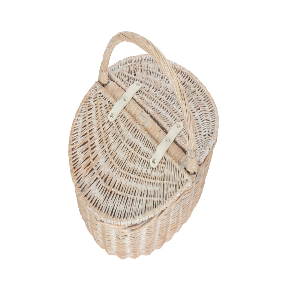 image 1 of White Wash Finish Oval Unlined Wicker Picnic Basket | White | White