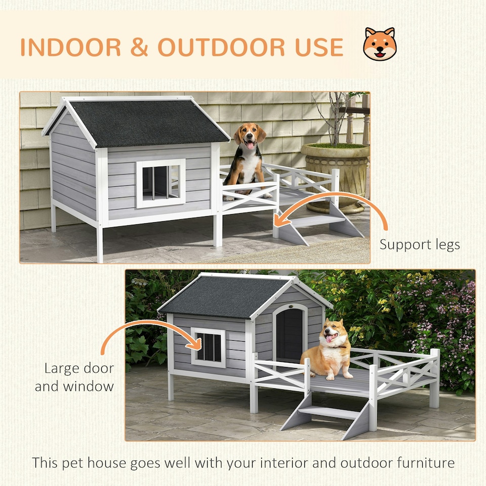 image 1 of PawHut Wooden Dog House w/ Porch, Water-resistant Roof, for S M Dogs, Grey 