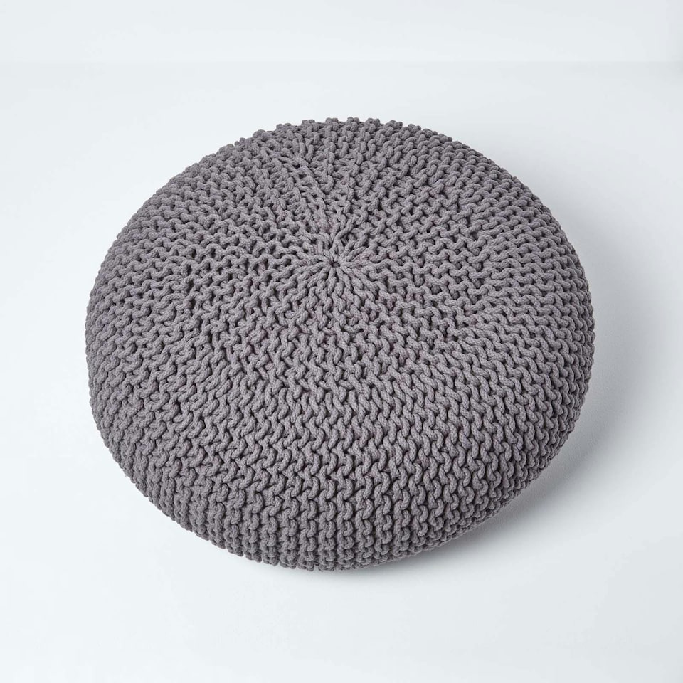 image 1 of Homescapes Dark Grey Large Round Cotton Knitted Pouffe Footstool | Grey | 70 x 23 cm