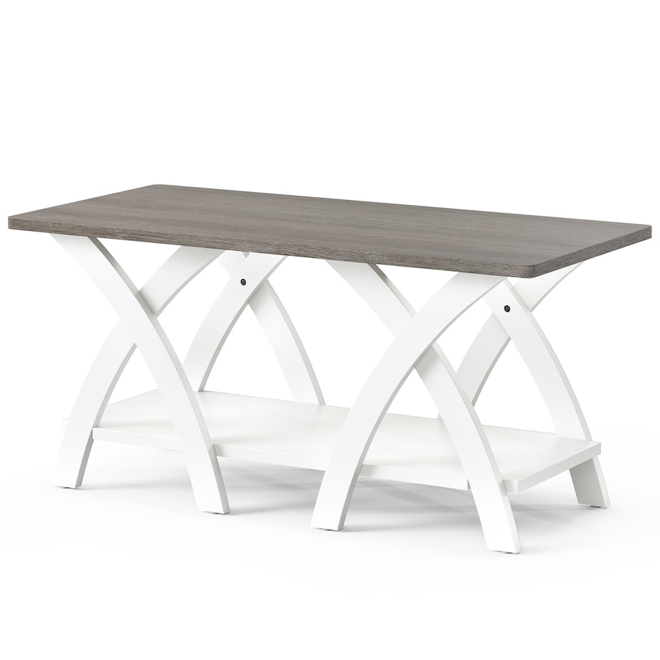 image 1 of COSTWAY Farmhouse Wooden Accent Table with Storage Shelf Gray