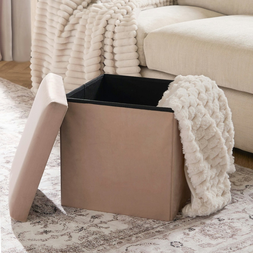 image 1 of OHS Matte Velvet Soft Foldable Cube Footstool Seat Storage Organiser Ottoman Cream | Natural