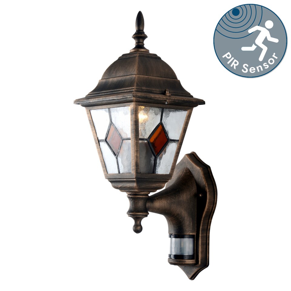 image 1 of Morecambe - Black with Brushed Gold Motion Sensor Outdoor Wall Light | Black | Clear | 1