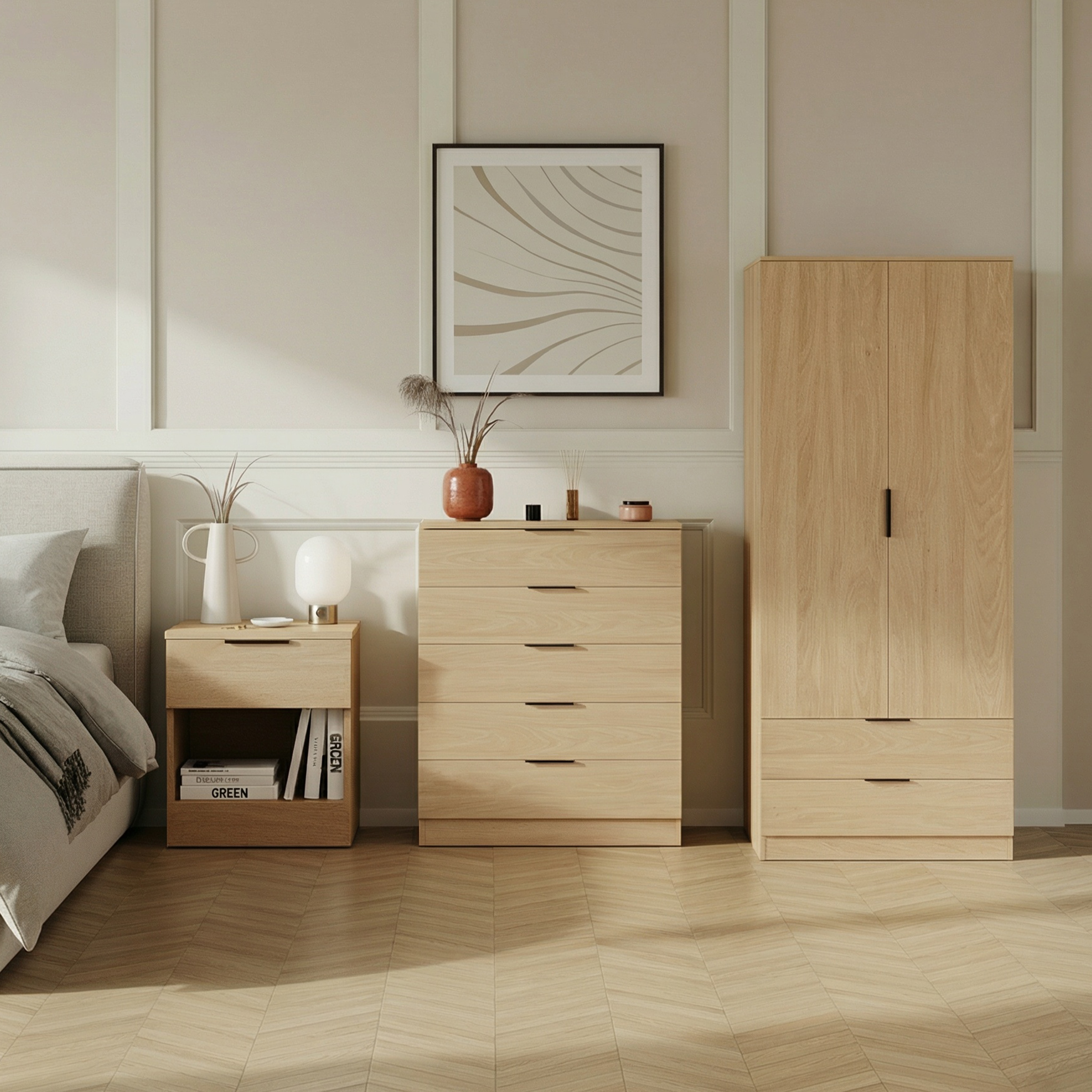 Vida Designs Trega 3 Piece Bedroom Set (1 Drawer Bedside Chest, 5 Drawer Chest, 2 Door 2 Drawer Wardrobe) Pine