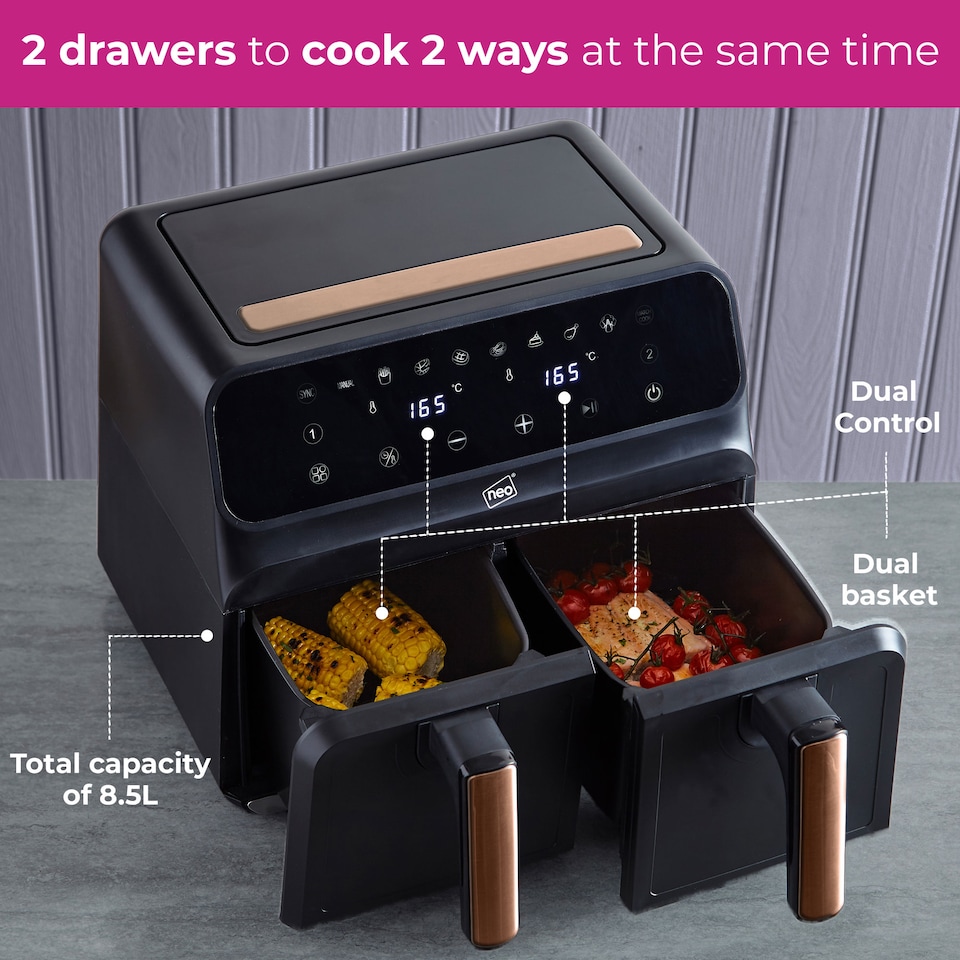image 1 of Neo Black Copper Gold Black Dual Twin Zone Double Drawer Electric Air Fryer | Black | Black | 1