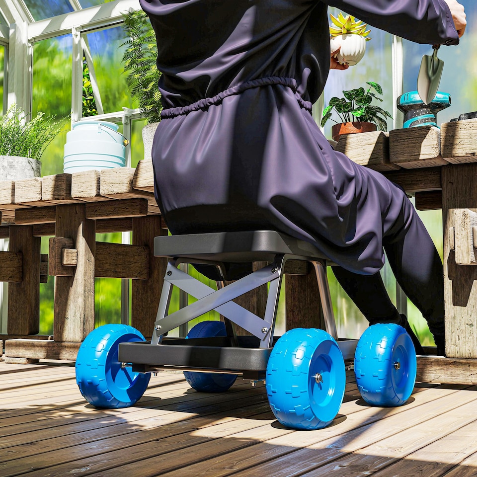 image 1 of Outsunny Garden Cart with Wheels, Tool Tray for Weeding, Planting, Blue