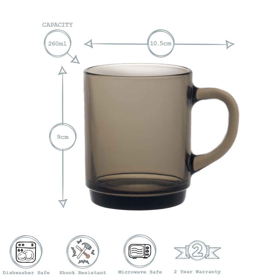image 1 of Duralex Versailles Glass Coffee Mugs - 260ml Cups for Tea, Hot Drinks - Smoke - Pack of 6