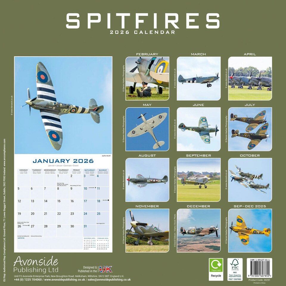 image 1 of Spitfires 2026 Calendar | Square Wall Calendar | Aircraft, Warplane Gift | Plastic Free Packaging | by Avonside Publishing