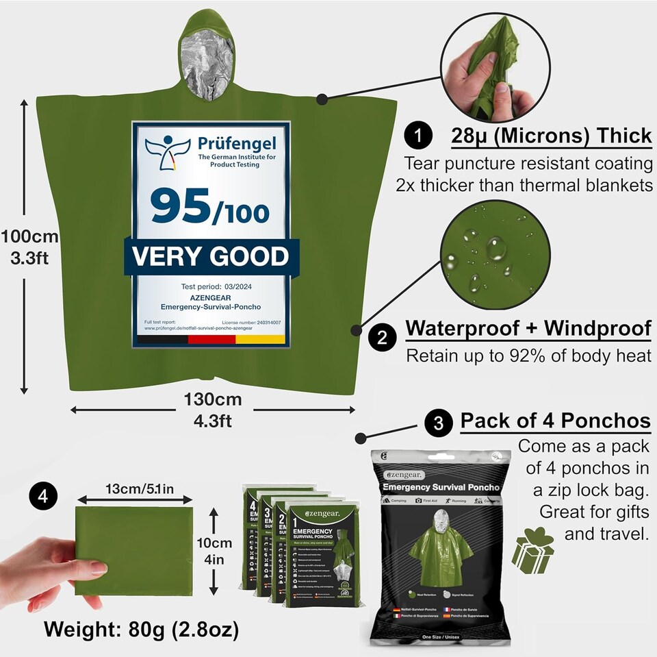image 1 of aZengear Emergency Survival Poncho (4pc) Thermal Mylar Foil Coating Blanket for Heat Retention and Rain, Waterproof (Green)