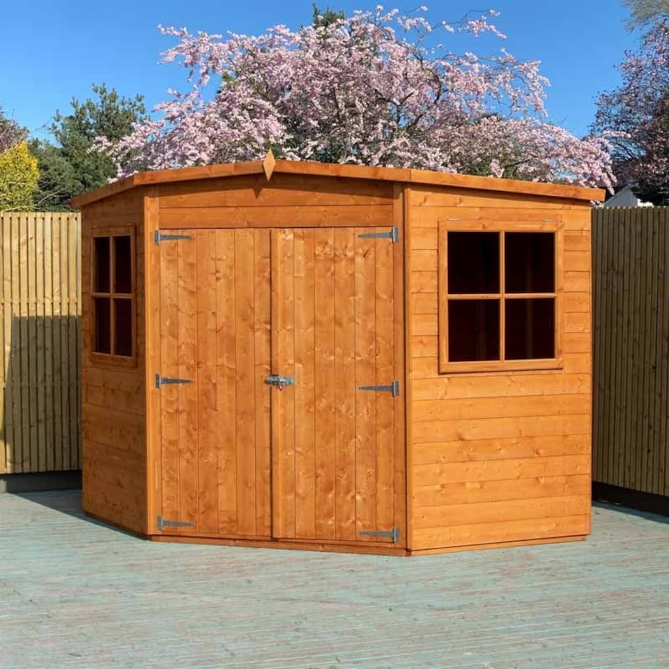 image 1 of Corner Shed Double Doors Tongue and Groove Garden Shed Workshop Approx 8 x 8 Feet - Honey Brown Timber Basecoat Brown