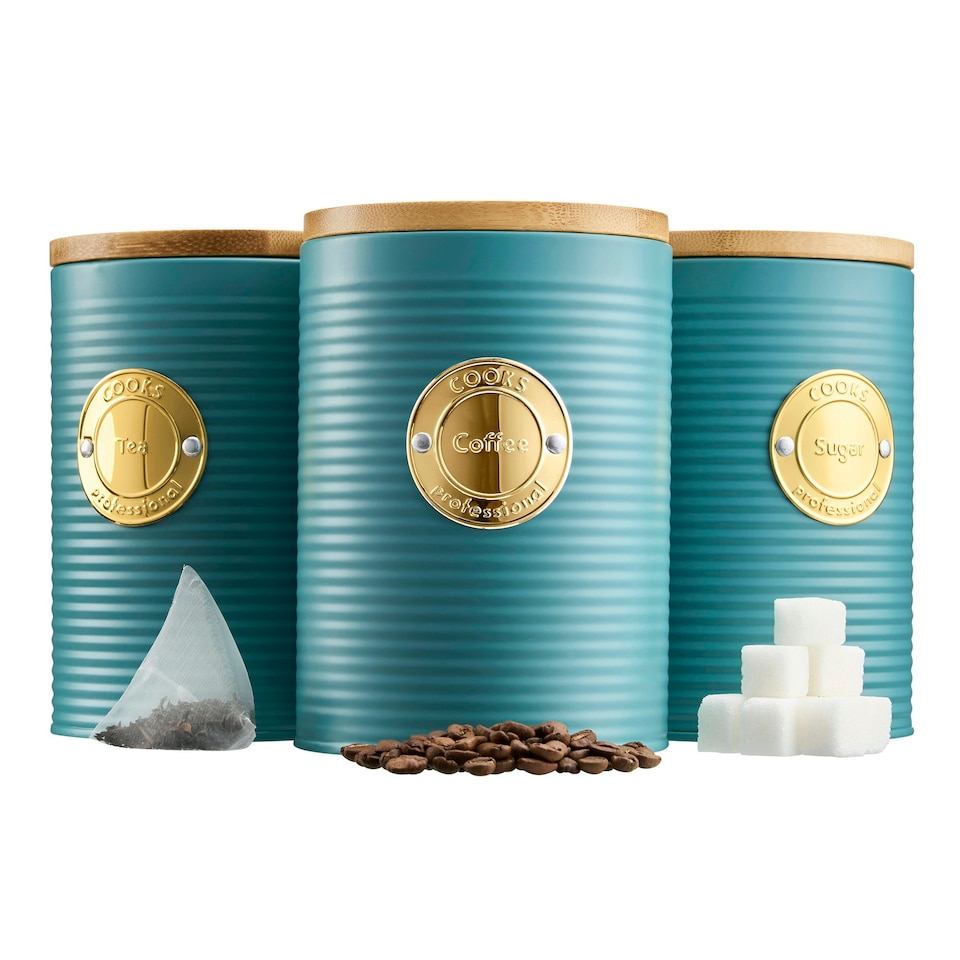 image 1 of Cooks Professional 3 Piece Ribbed Tea, Coffee, & Sugar Cannisters with Bamboo Lids | Stainless Steel Kitchen Storage Bins | Teal & Gold