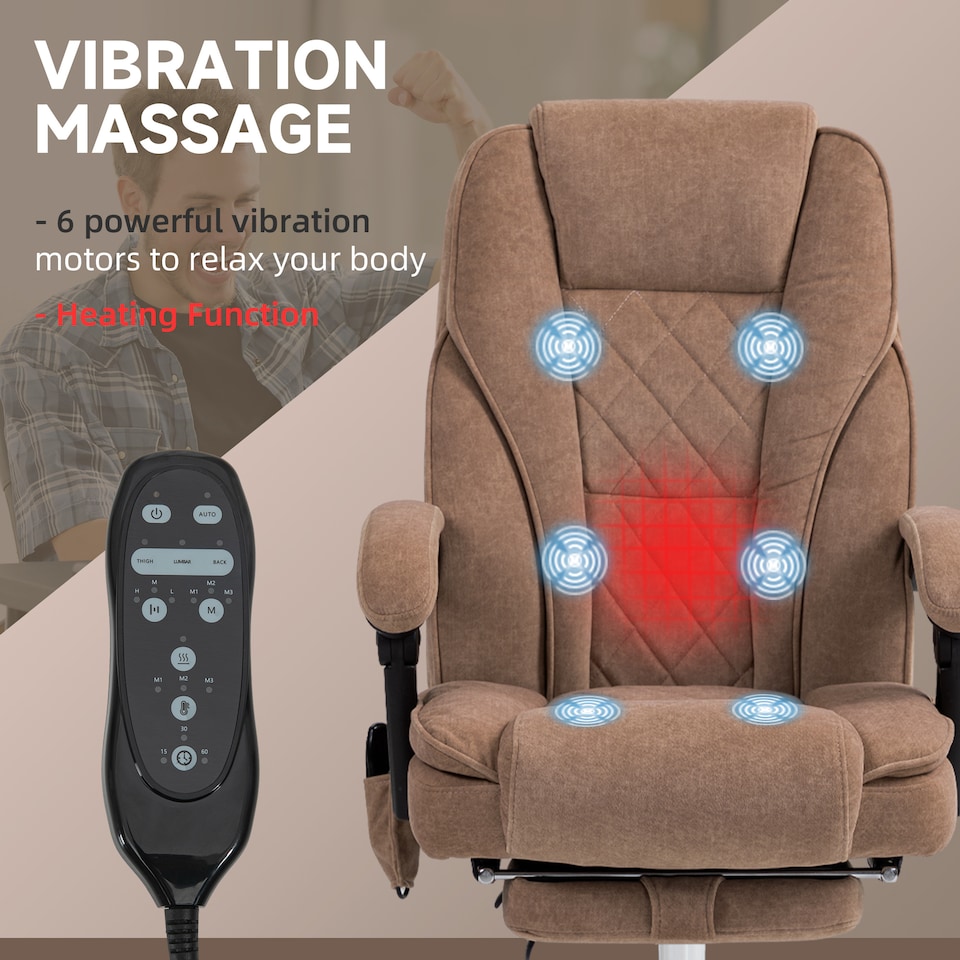 image 1 of Vinsetto Massage Office Chair, Heated Reclining Desk Chair, Brown | Brown