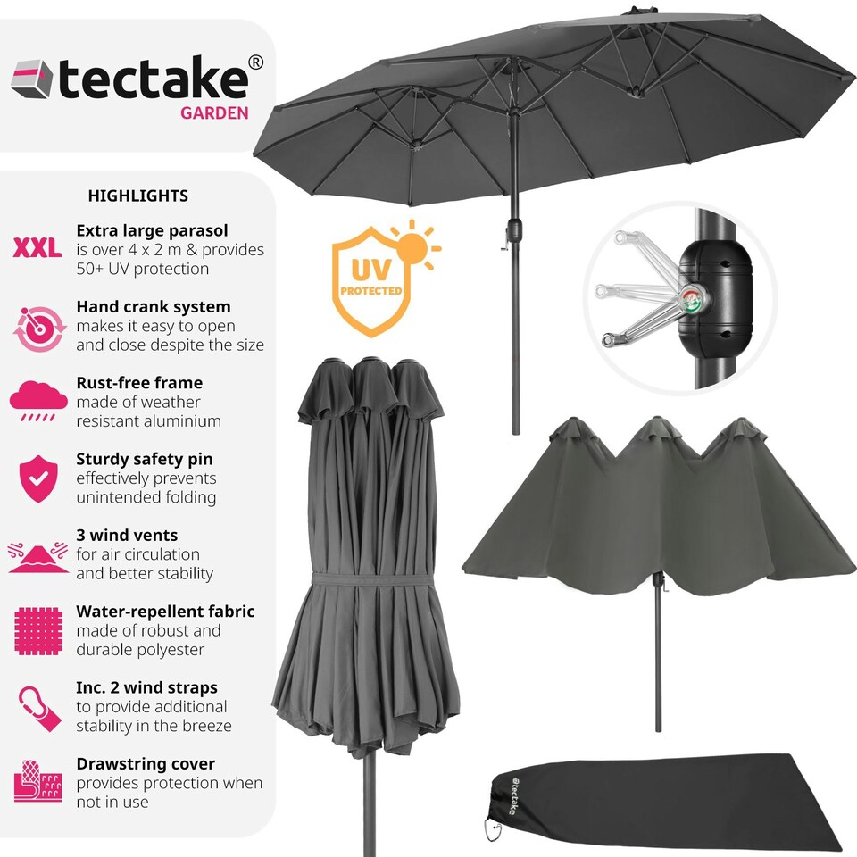 image 1 of Parasol Silia - extra wide, 460 x 270 cm, height-adjustable, cover included Grey