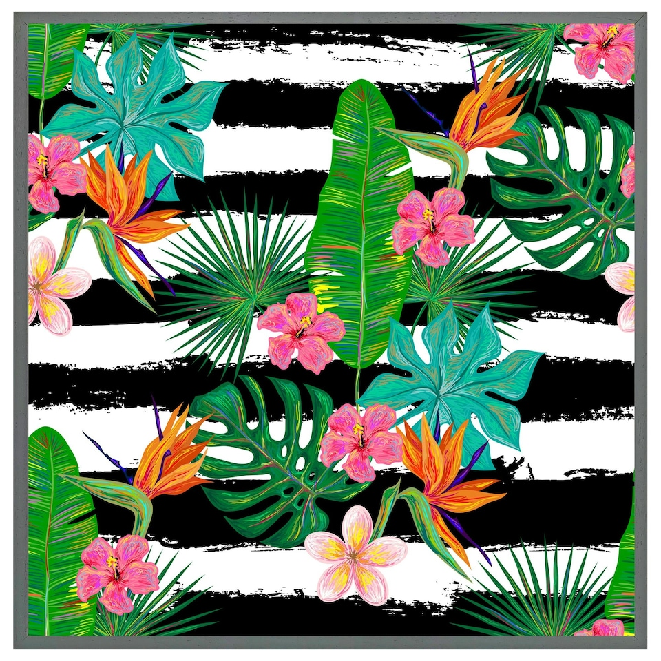 image 1 of Tropical plants on black & white stripes (Picutre Frame) Brown | Oak | XS