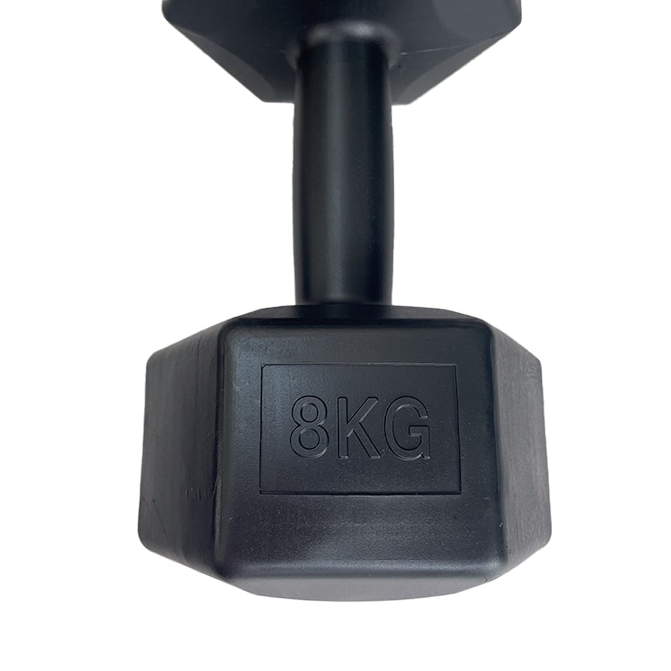 image 1 of HXGN 2 x 8kg Vinyl-Coated Hex Dumbbell Pair — Black, Non-Roll | Black | BLACK | 8kg | 2
