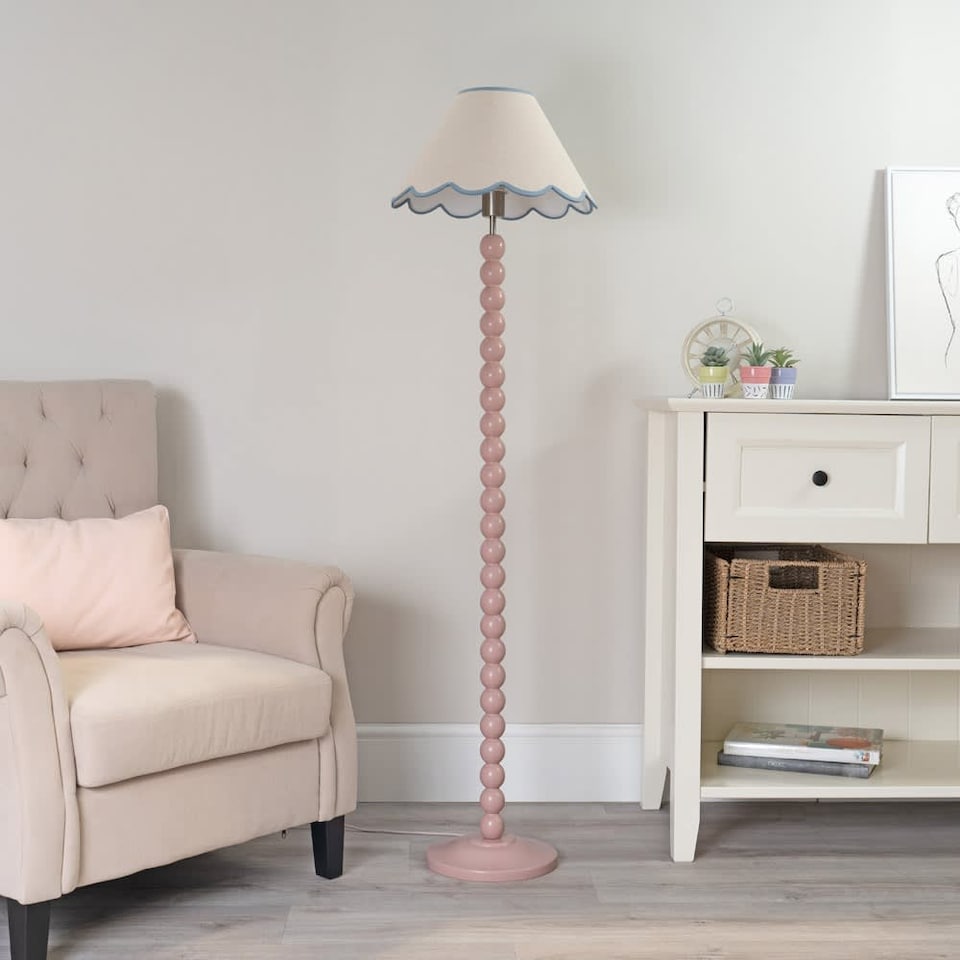 image 1 of ValueLights Bobbles Rose Pink Floor Lamp Blue Trim Scallop Shade & Bulb | Pink