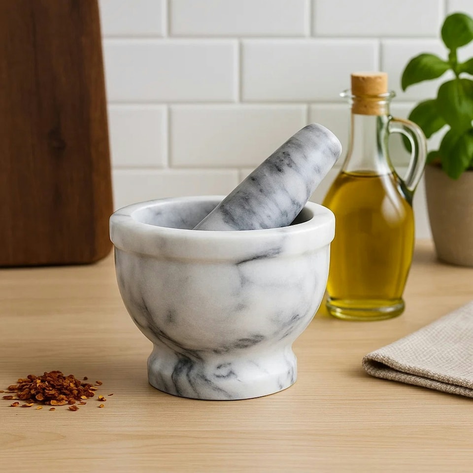 image 1 of Interiors By Premier Grey Marble Mortar And Pestle With Rim, Durable Natural Stone Grinder For Kitchen Use