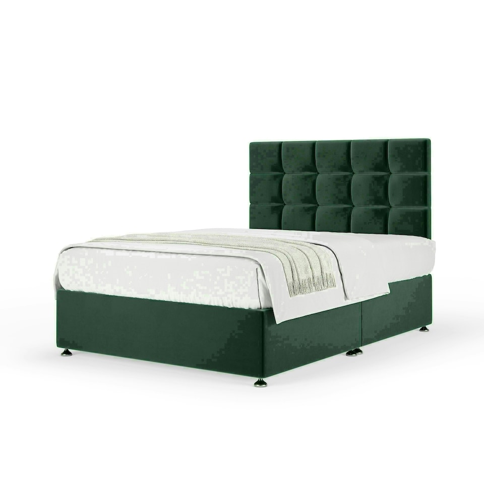 Emerald Green Plush Velvet No Drawer Divan Base and Pearl Headboard King Size
