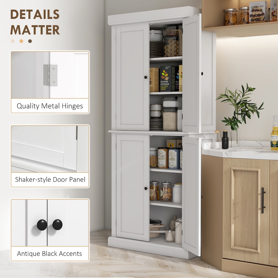 image 1 of HOMCOM 184cm Freestanding Kitchen Cupboard with 4 Doors, Modern Storage Cabinet Organizer with 6-Tier Shelving and 4 Adjustable Shelves, White