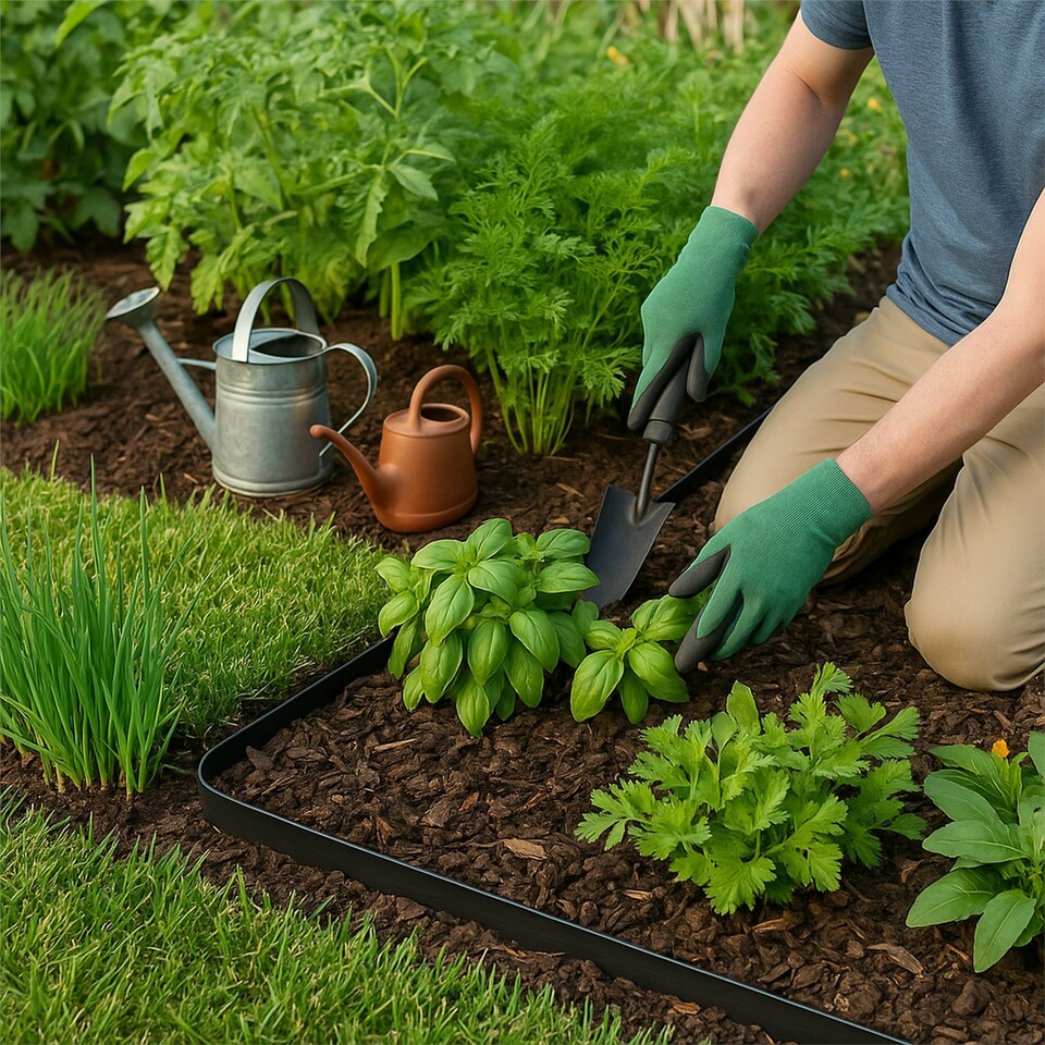 image 1 of Harbour Housewares Flexible Plastic Lawn Edging with 40 Pegs & Mallet - 10m x 4cm - Black Black