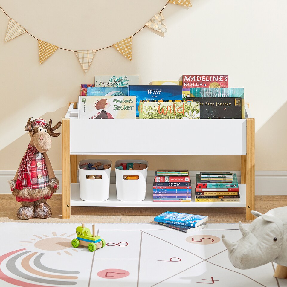 image 1 of SoBuy Children's Bookcase with 4 Compartments & Bottom Shelf, White/Natural, 33.5x16.5x17.7 inches, 12.8 kg - KMB35-W