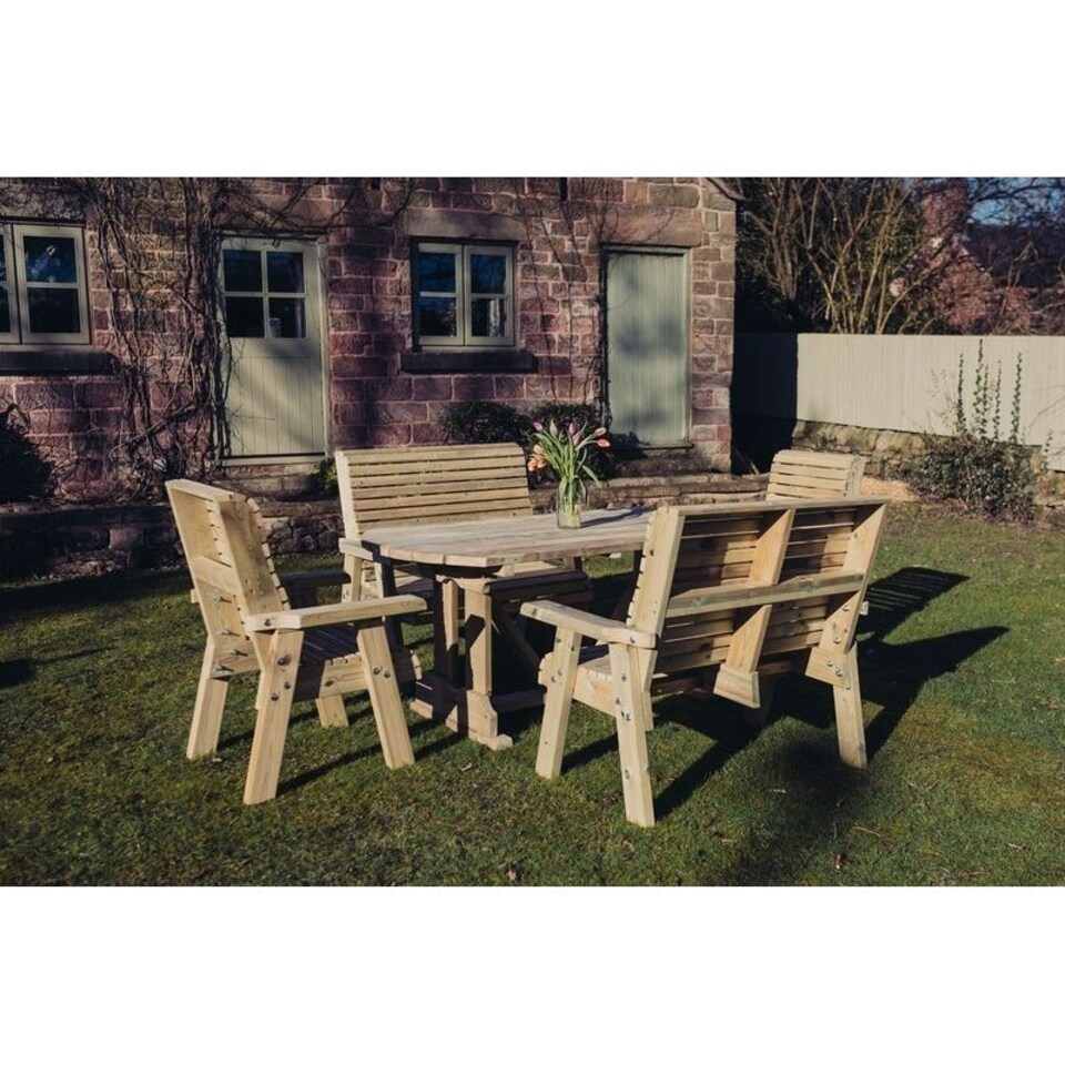image 1 of Ergo Table Set - Sits 8 Wooden Garden Dining Furniture Incl. 2 Bench & 2 Chair - L240 x W140 x H105 cm - Minimal Assembly Required