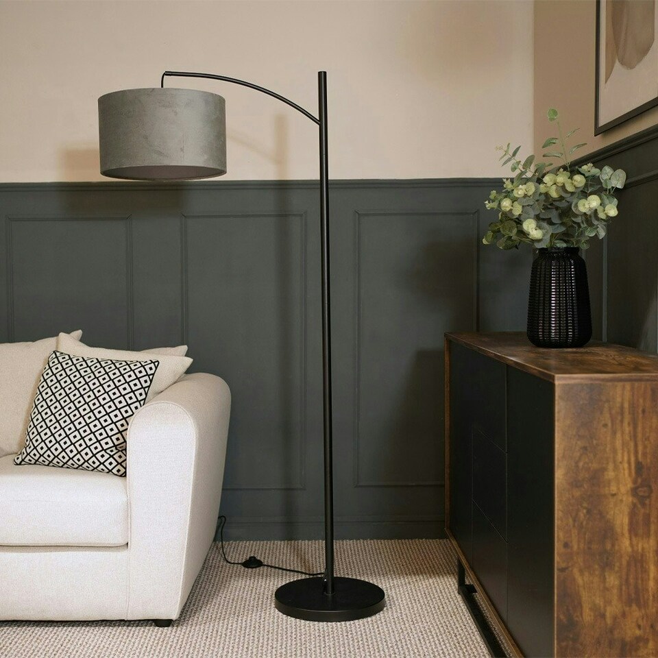 image 1 of ValueLights Preto Black Metal Curve Stem Floor Lamp with a Grey Velvet Shade
