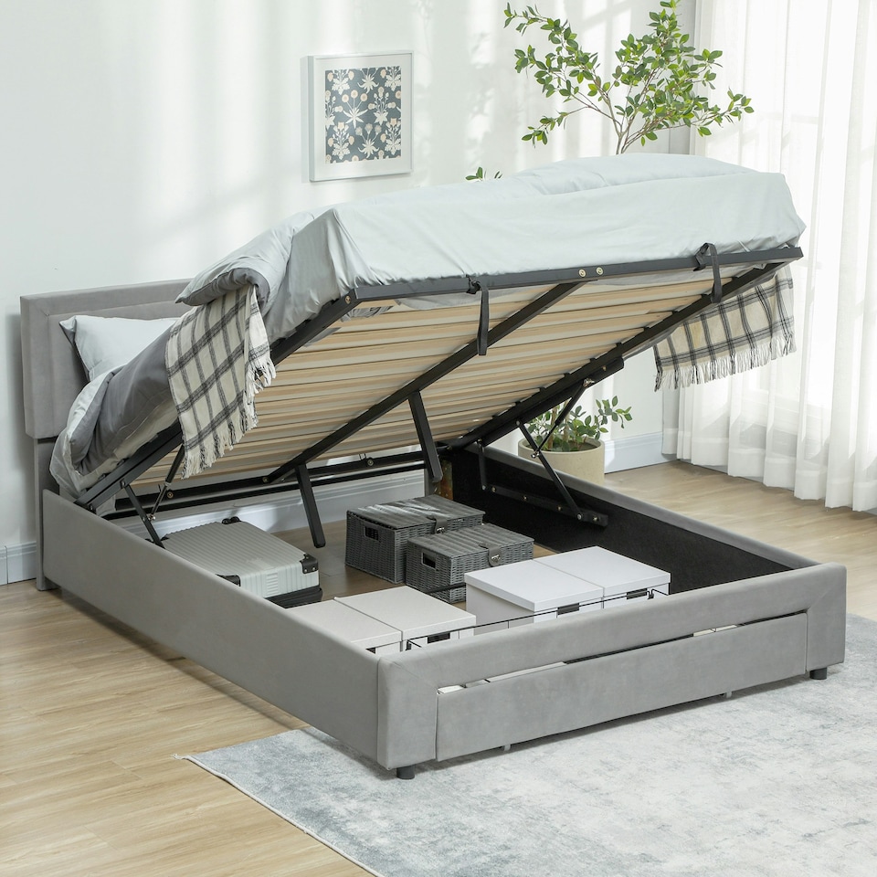 image 1 of HOMCOM Double Bed Frame with Storage and Adjustable Velvet Headboard, Grey