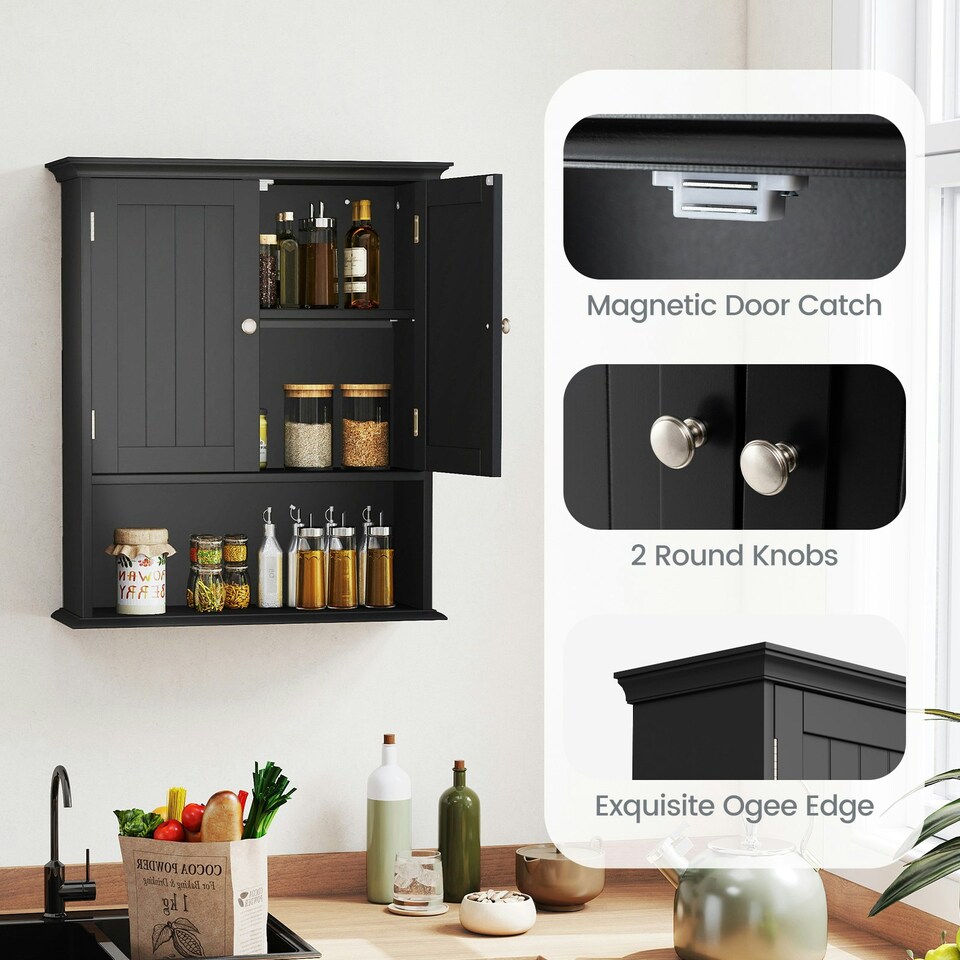image 1 of COSTWAY Bathroom Wall Mounted Cabinet Wooden Cabinet Black