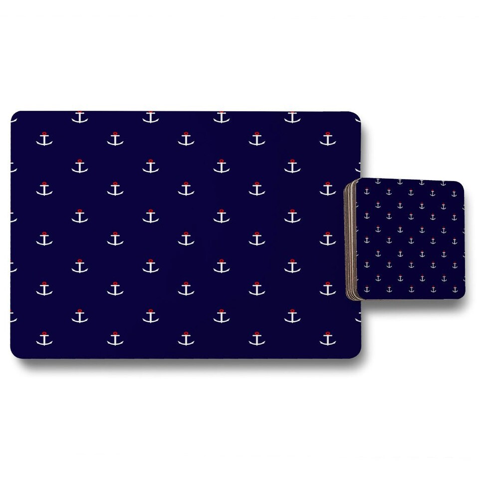 image 1 of White & Red Anchors on Navy (Placemat & Coaster Set)