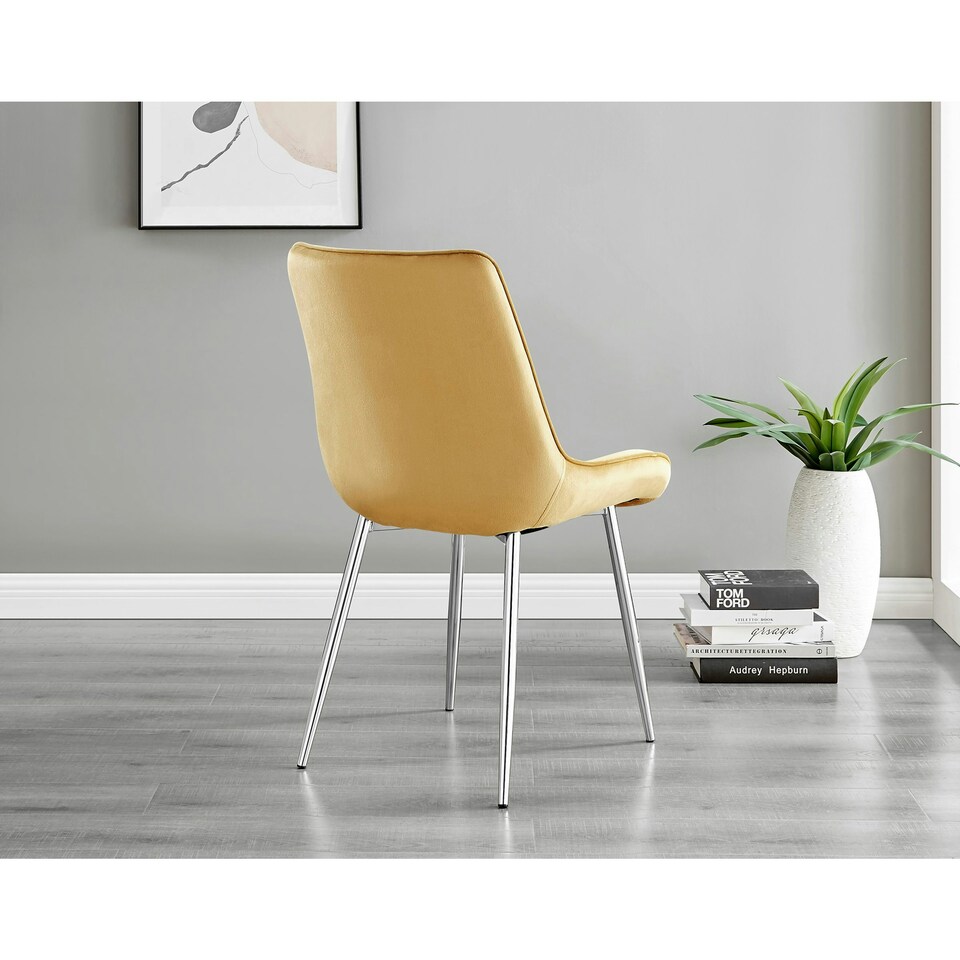 image 1 of Furniturebox 2x Pesaro Mustard Velvet Silver Leg Luxury Dining Chairs