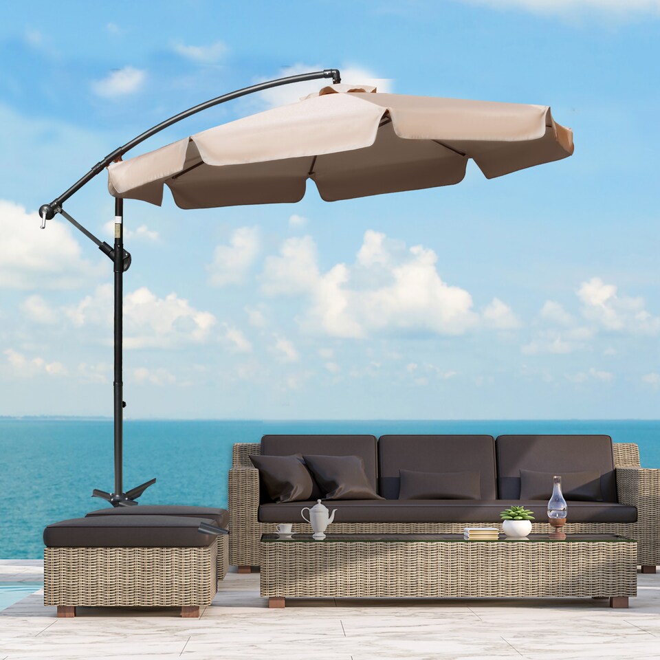 image 1 of Outsunny 2.7m Garden Banana Parasol Cantilever Umbrella with Crank Handle and Cross Base for Outdoor, Hanging Sun Shade, Light Brown