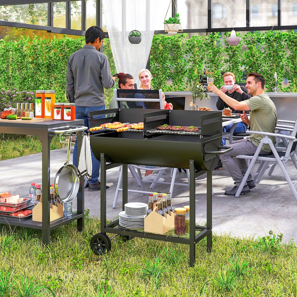 image 1 of Outsunny Trolley Portable Outdoor Charcoal Barbecue Grill Cart 2 Rolling Wheels Black